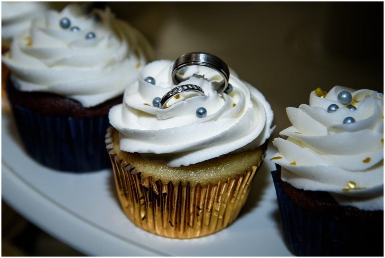 Close-up of wedding cupcakes with rings; dreamy Halifax wedding photographer.