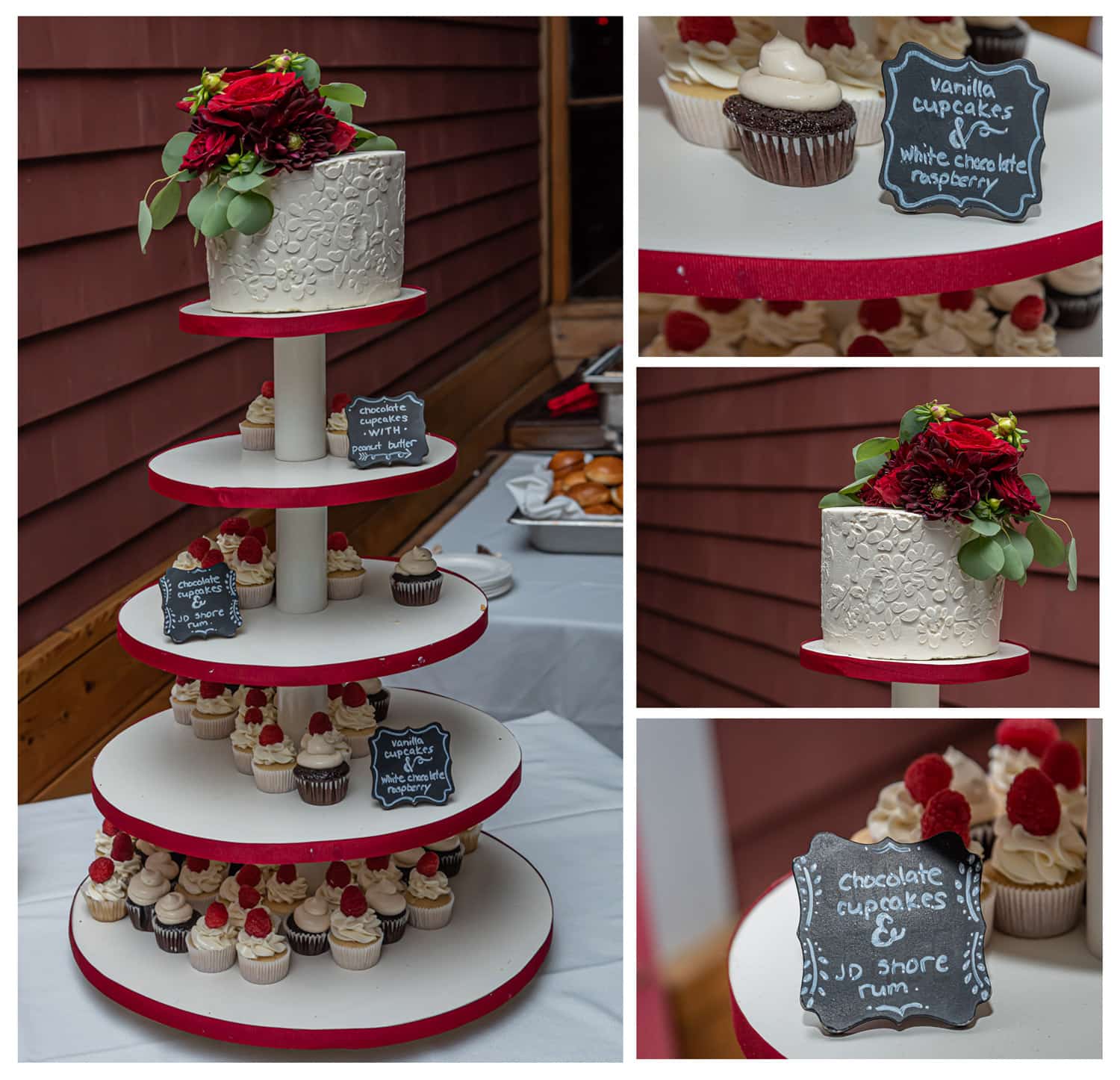 a beautiful wedding cake with wedding cupcakes on a 5 tier wooden cupcake stand with mini chalkboard signs
