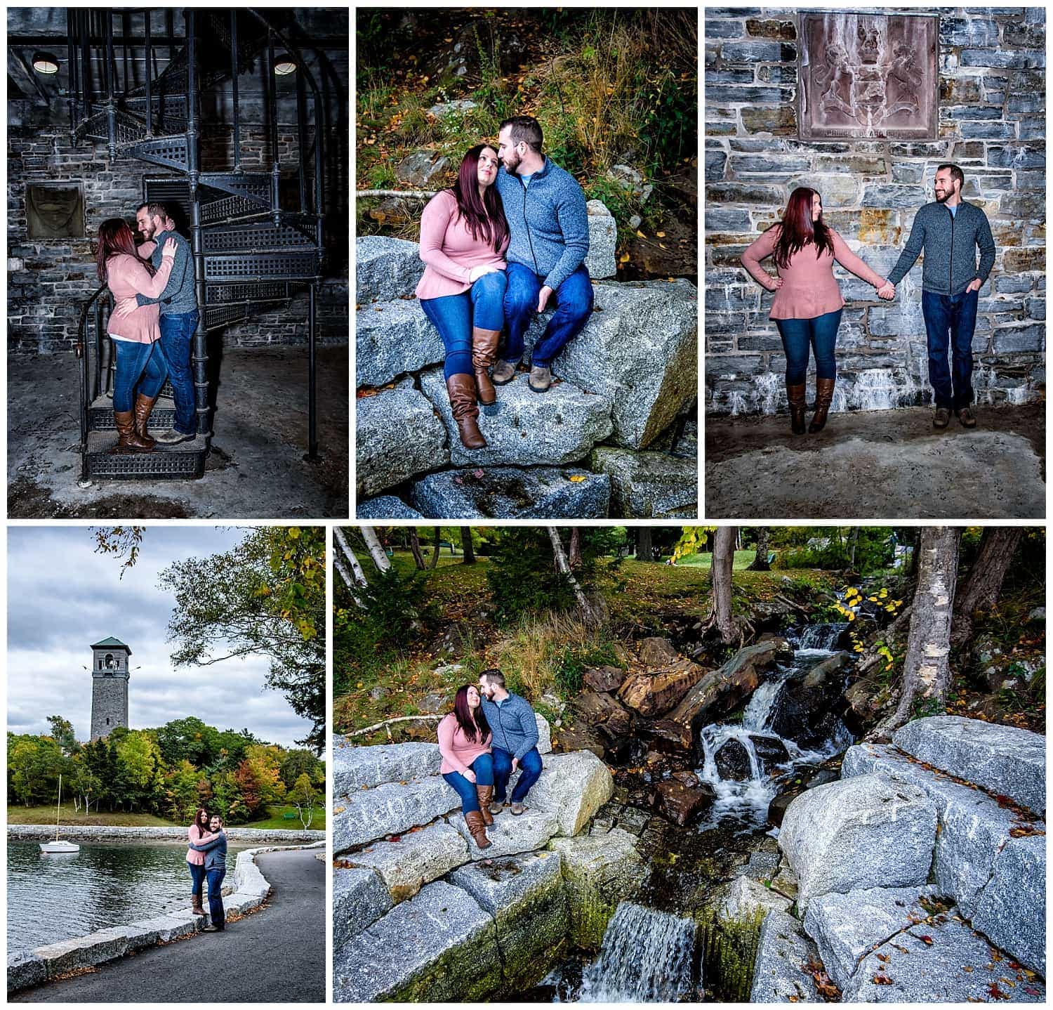 A cute couple during their engagement photos at Dingle Tower, Sir Sandford Fleming Park in Halifax.