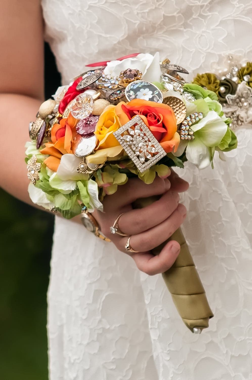 A beautiful autumn colored wedding bridal brooch bouquet.