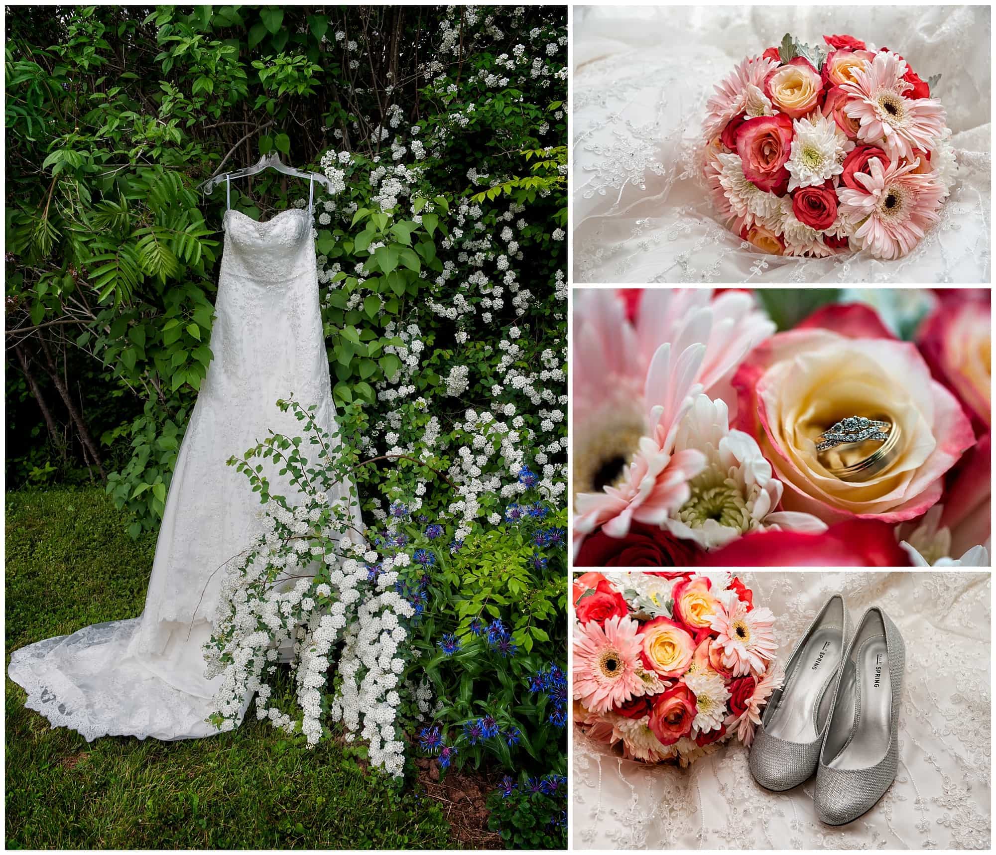 A collage of the bride's wedding dress, bridal bouquet, wedding shoes and wedding rings among the flower.