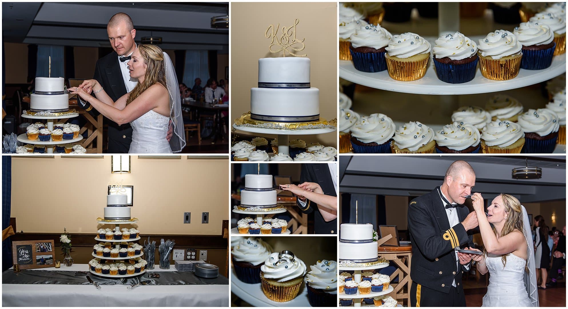 The bride and groom cut the wedding cake and feed each other during their wedding at Juno Tower in Halifax.