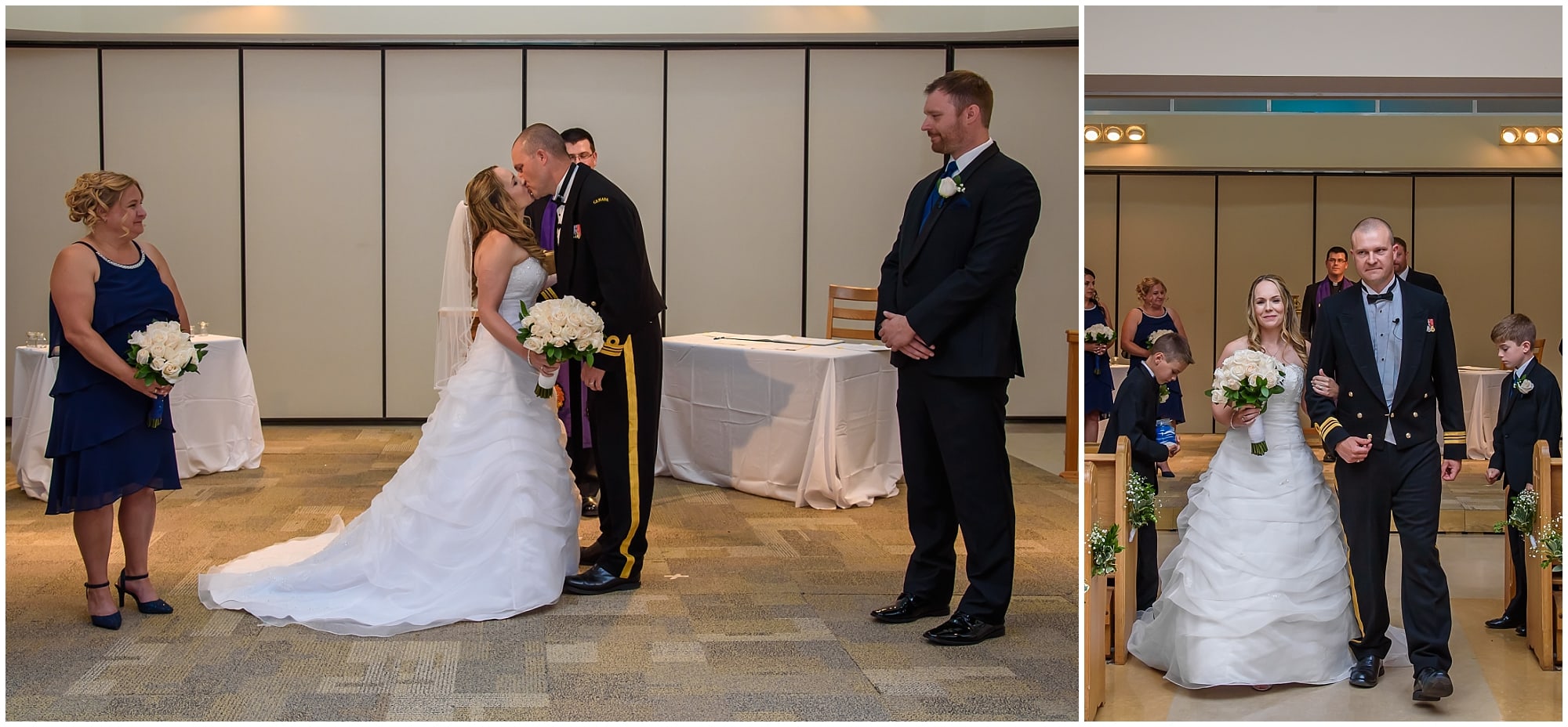 The bride and groom have their first kiss during their wedding at Juno Tower in Halifax.
