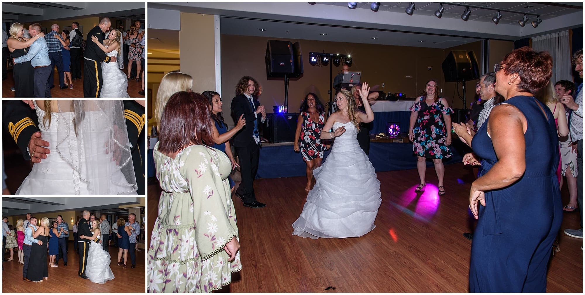 The bride and groom dance with their guests during their Juno Tower wedding reception.
