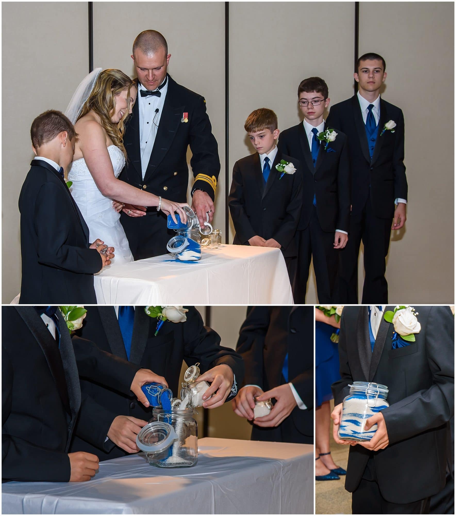 The bride and groom with their children perform a wedding sand ceremony at their Juno Tower wedding.