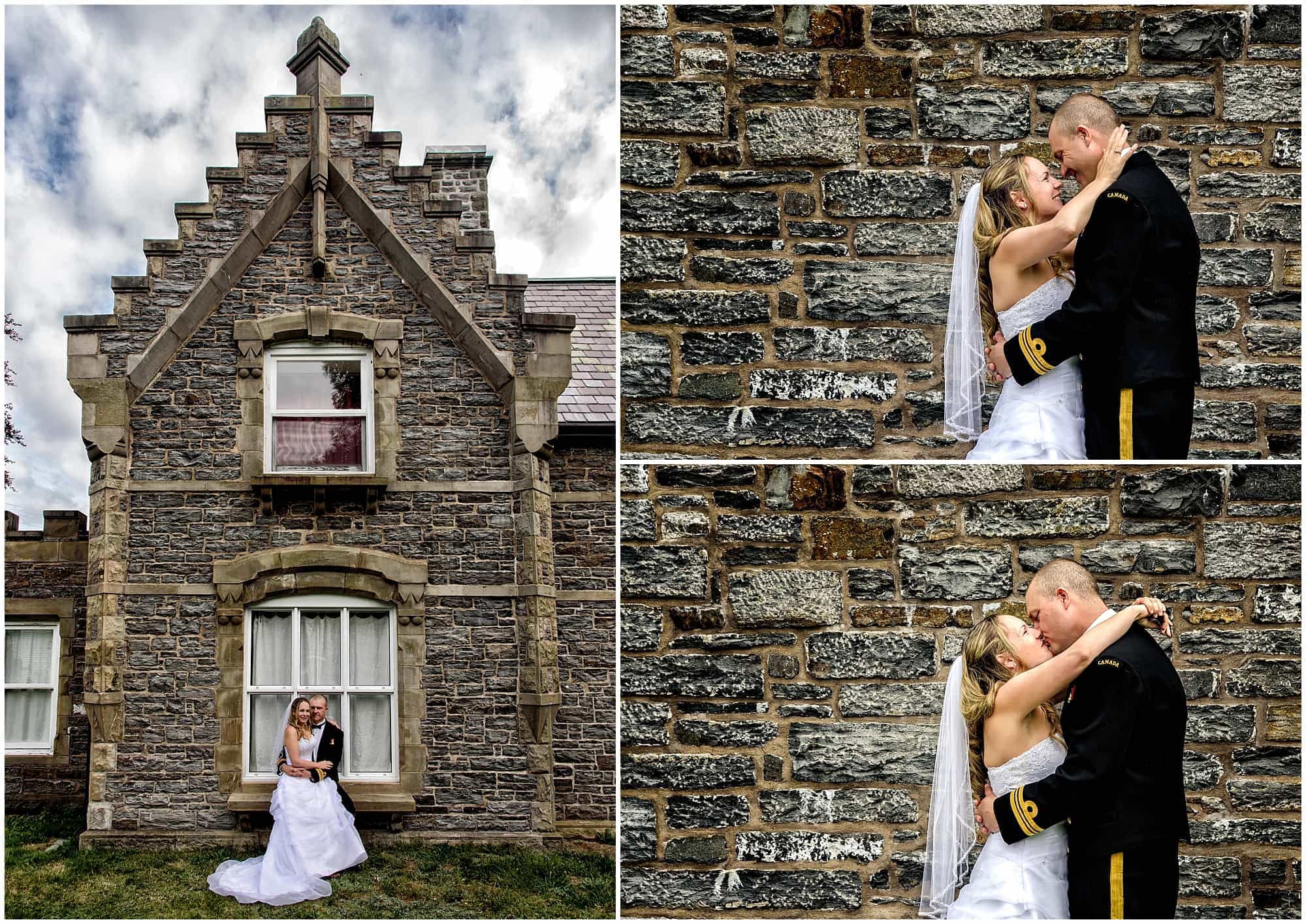 The bride and groom posing for wedding photos at the Gatehouse in Point Pleasant Park Halifax, NS.