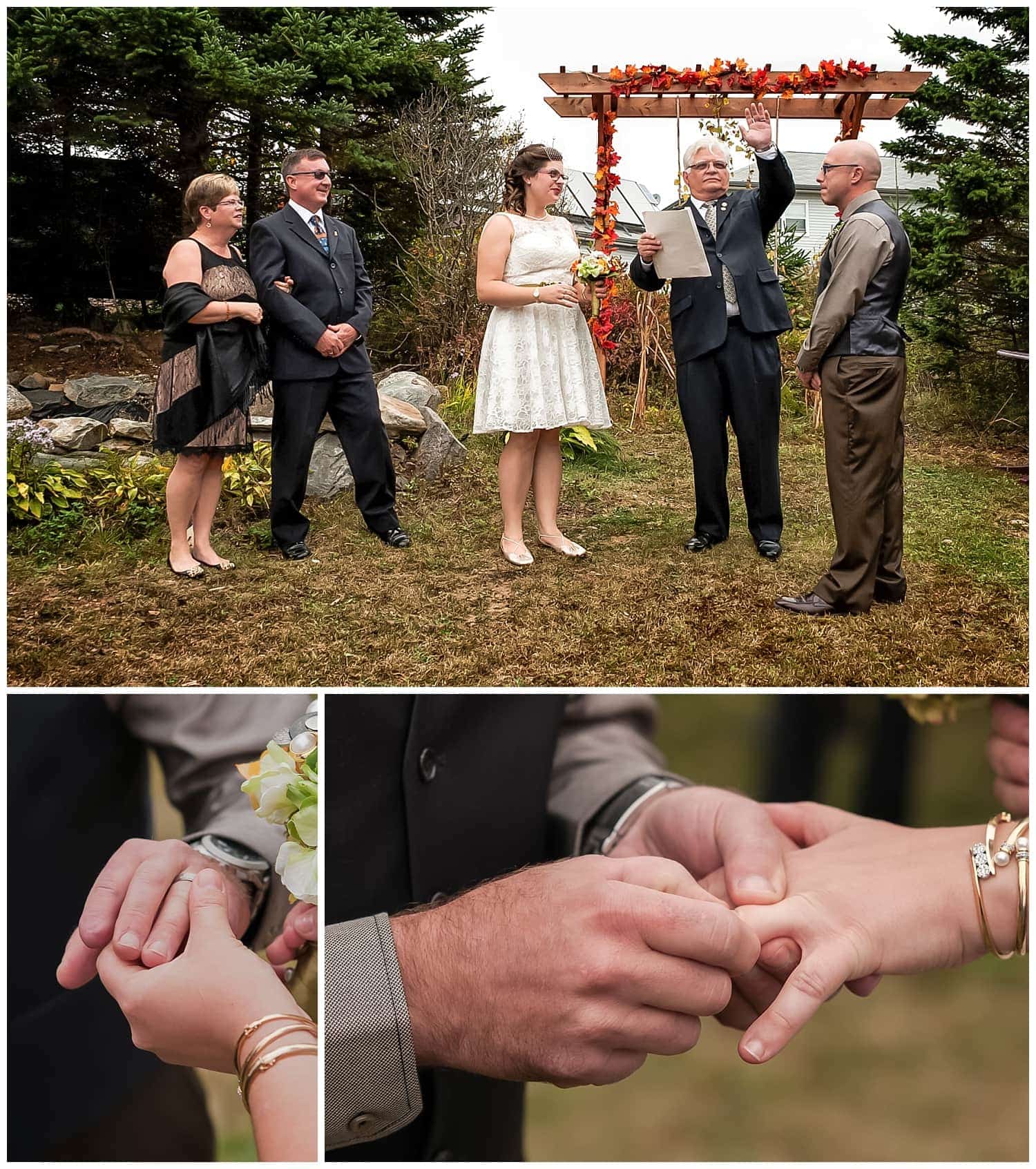 The bride and groom exchange vows and wedding rings during their backyard wedding ceremony in Dartmouth, NS.