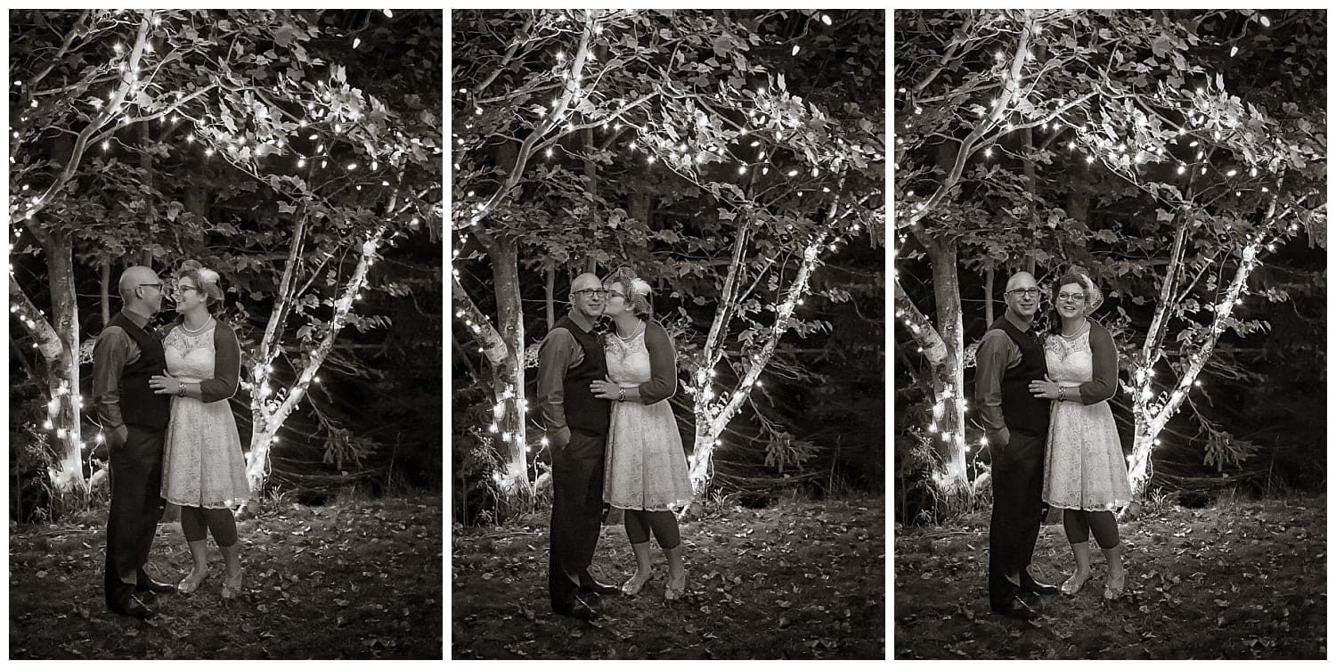 My very first attempt at night photography with the bride and groom and the trees with twinkle lights turned on during their backyard wedding in Dartmouth, NS.