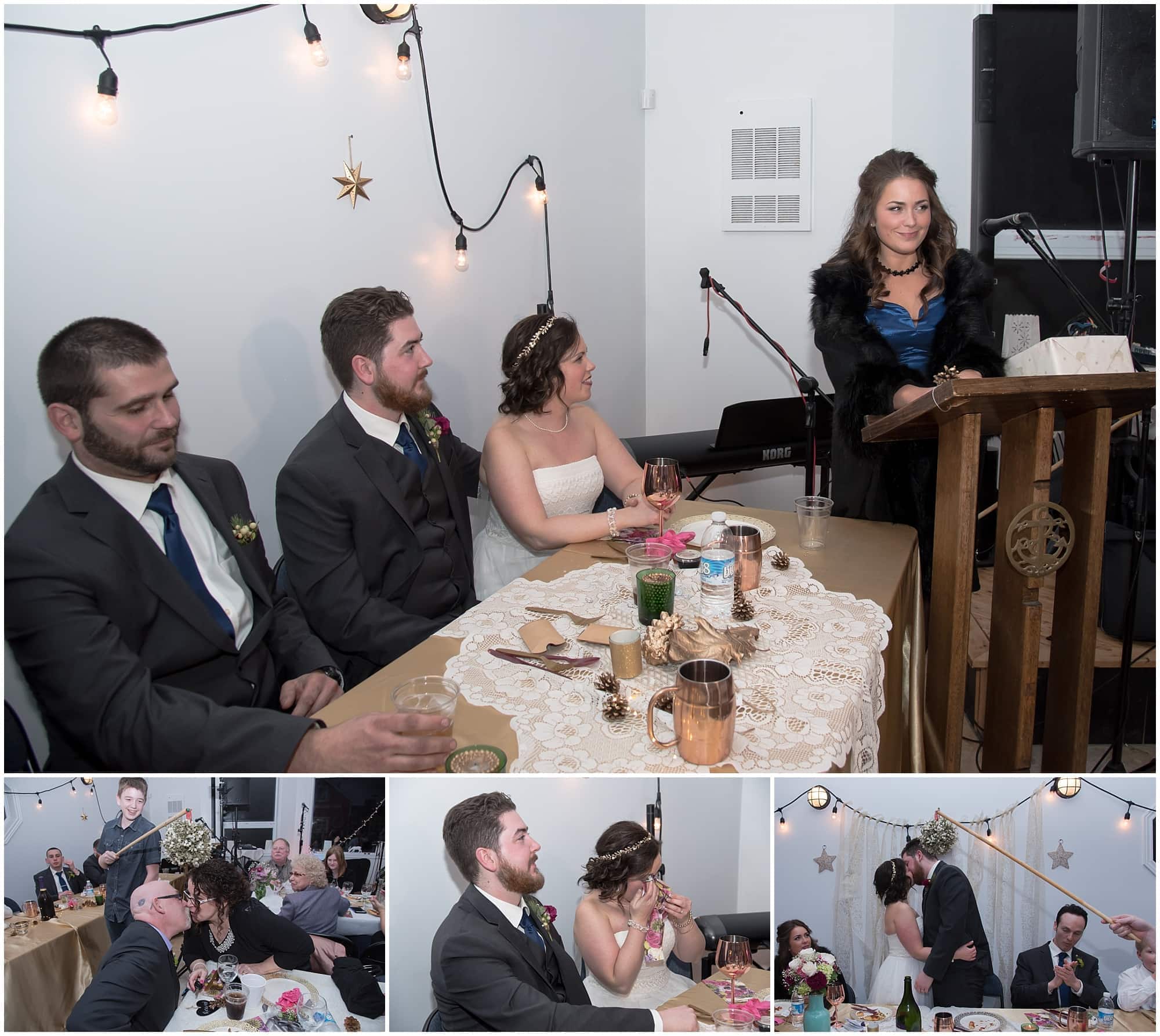 The bride and groom during their wedding reception, kissing under the mistletoe during their winter wedding at Fisherman's Cove in Eastern Passage.
