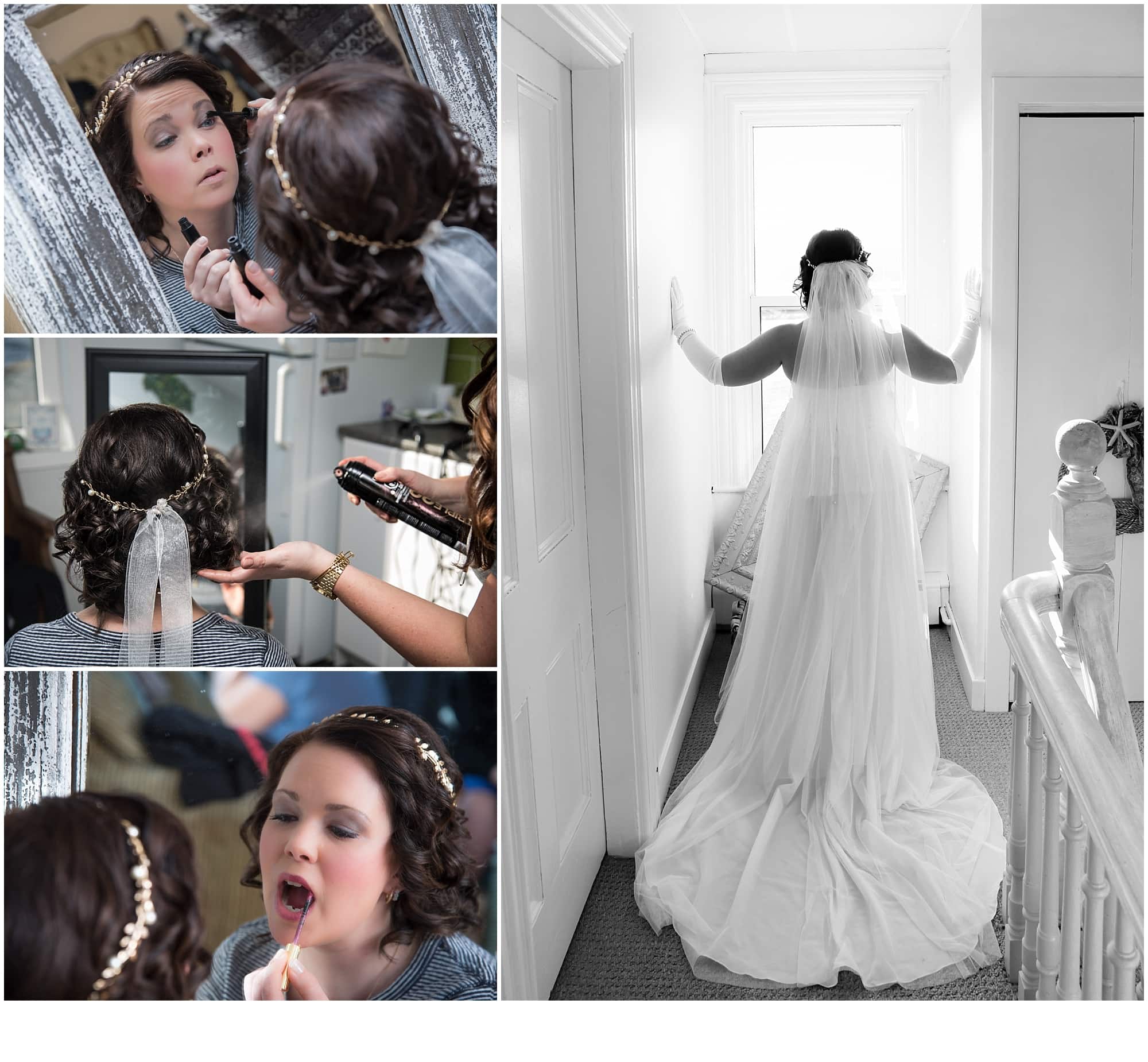 The bride getting ready during bridal prep putting her bridal makeup on and having her hair styled.