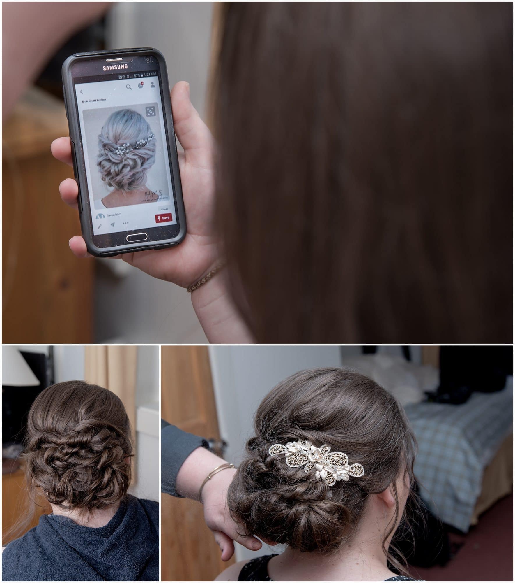 The bride having her bridal hairstyle created during her bridal prep for a White Point wedding.