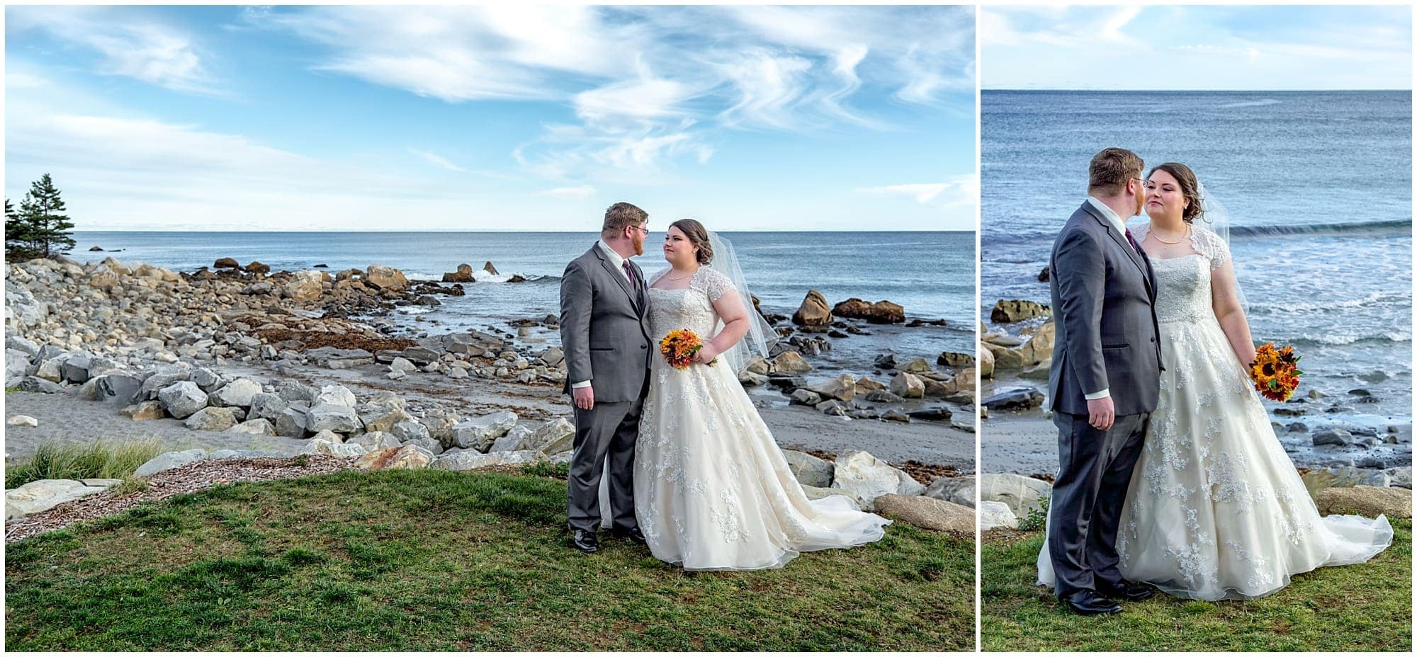 The bride and groom pose for wedding photos on the ocean at White Point.