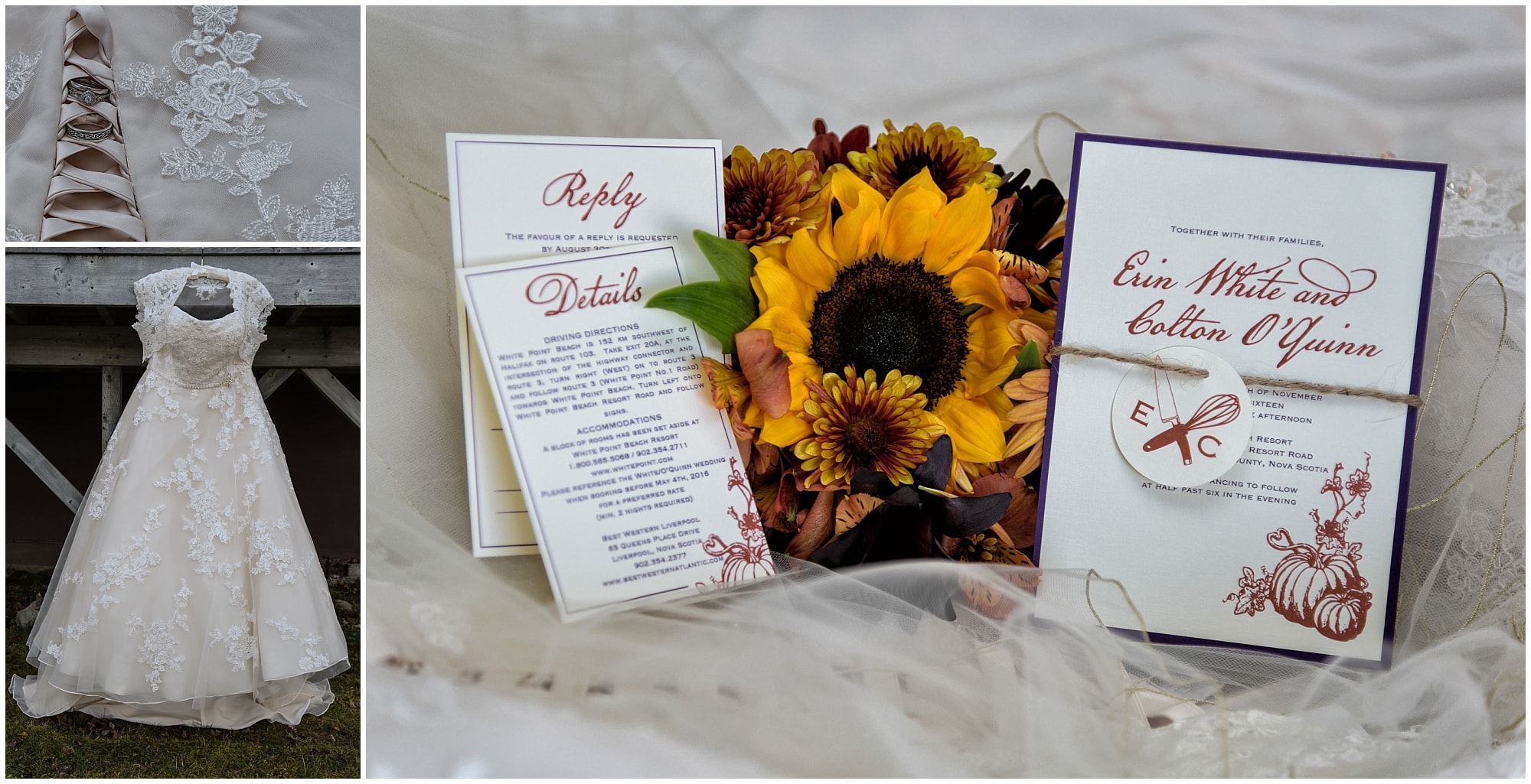 The bride's wedding gown with her wedding invitation and sunflower bridal bouquet.