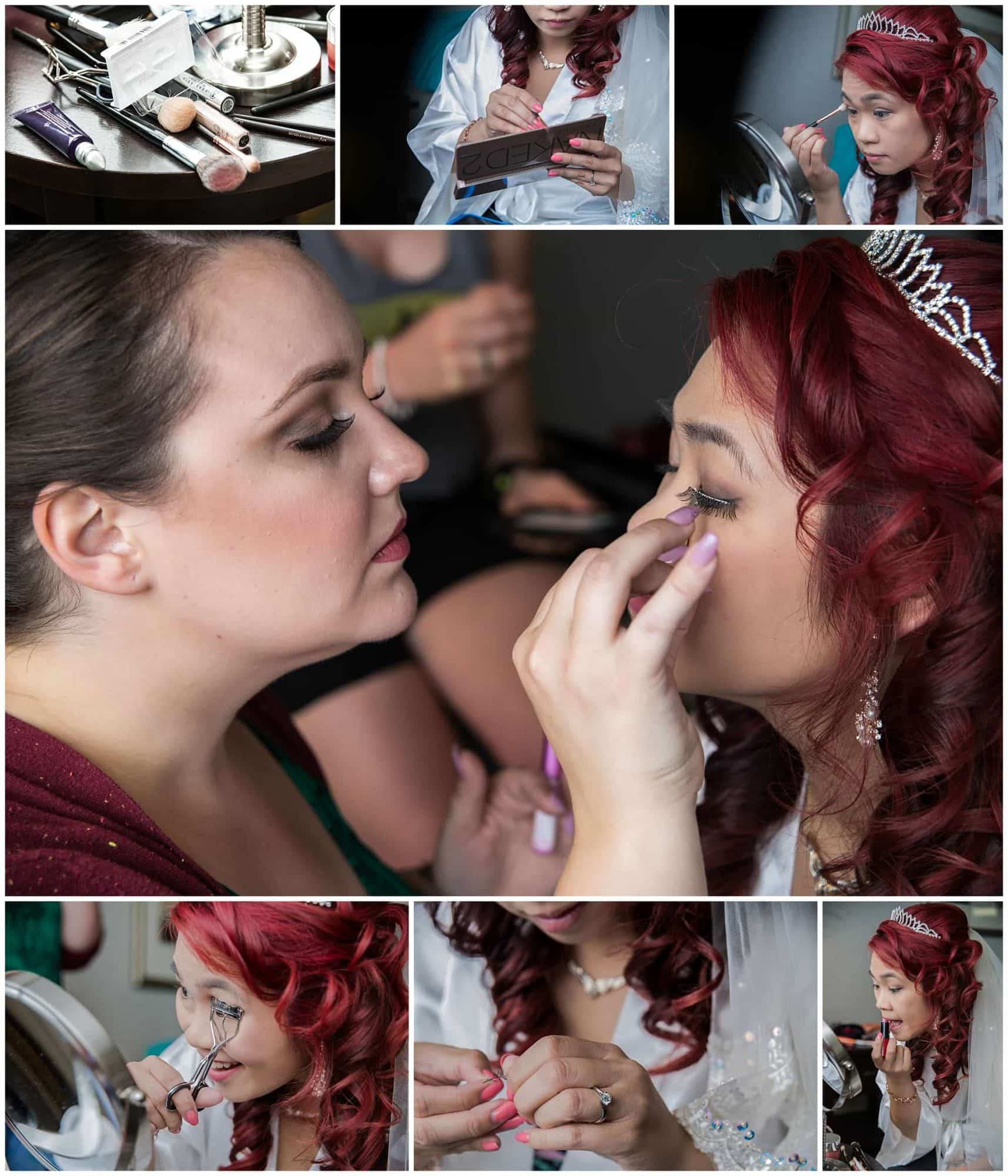 The bride applies her makeup prior to her wedding day during bridal prep at the Atlantica Hotel in Halifax, NS.