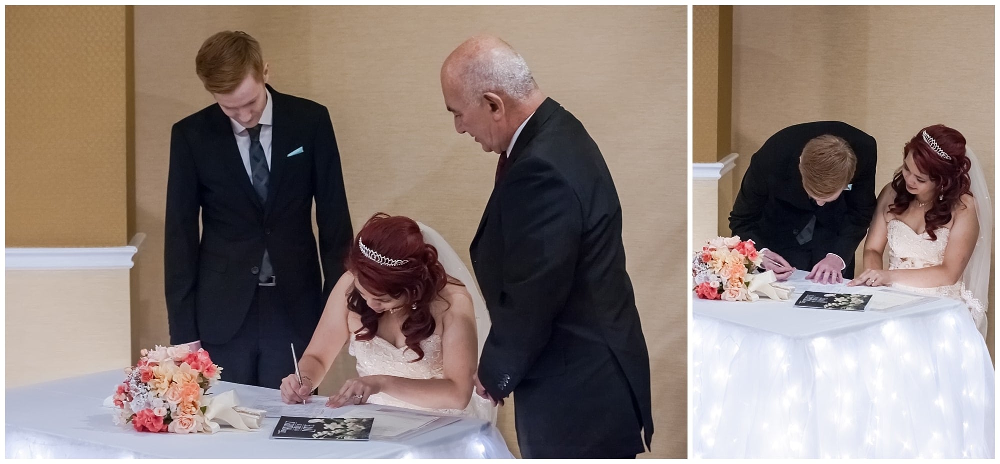 The bride and groom sign their marriage certificate during their wedding at the Atlantica Hotel in Halifax.