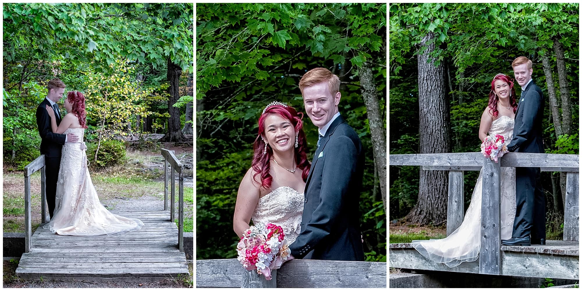 The bride and groom have their wedding photos done at Point Pleasant Park in Halifax, NS.