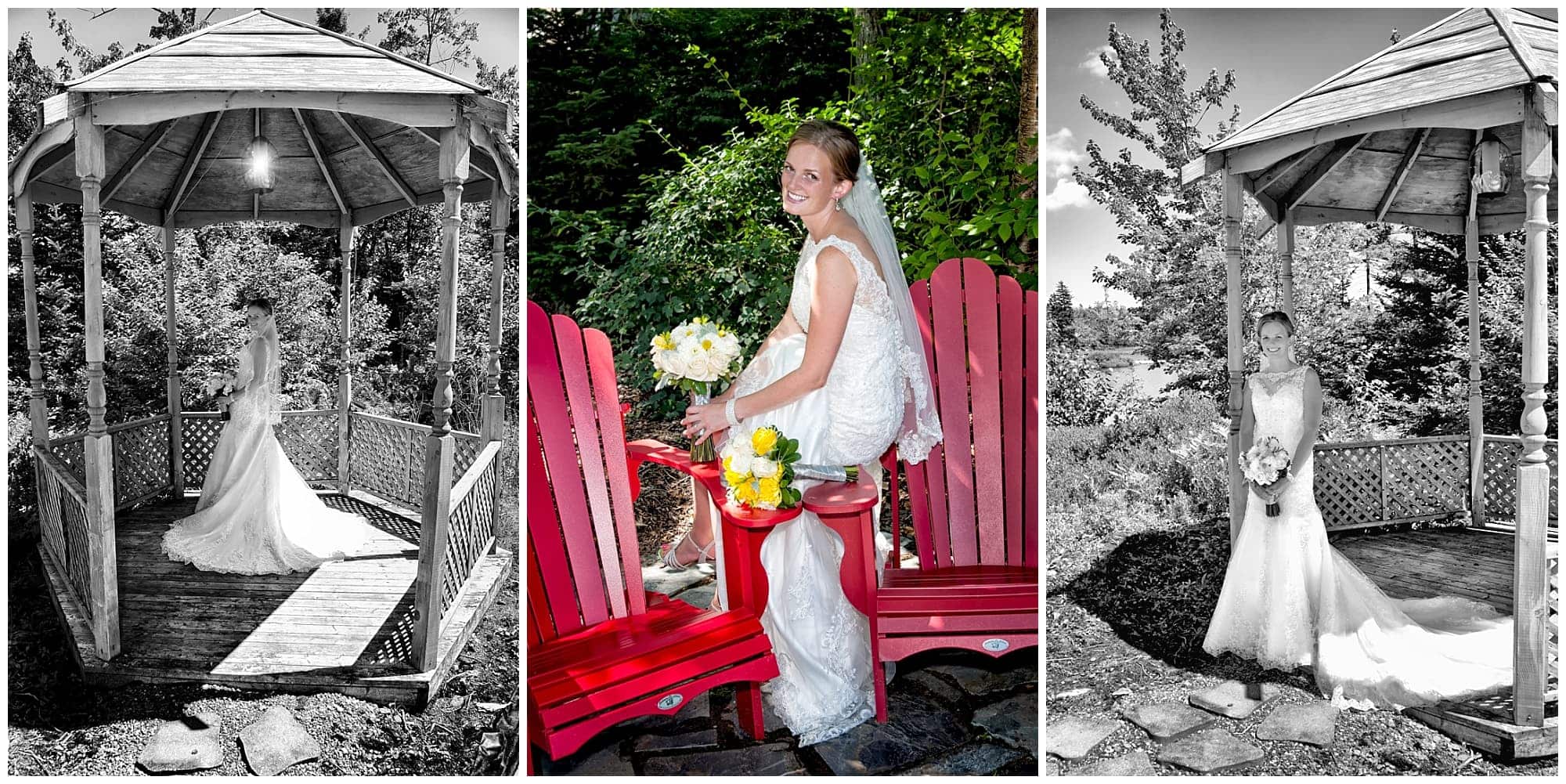 The bridal wedding photos of the bride among a gazebo and sitting on red chairs at her parent's home in Cole Harbour.