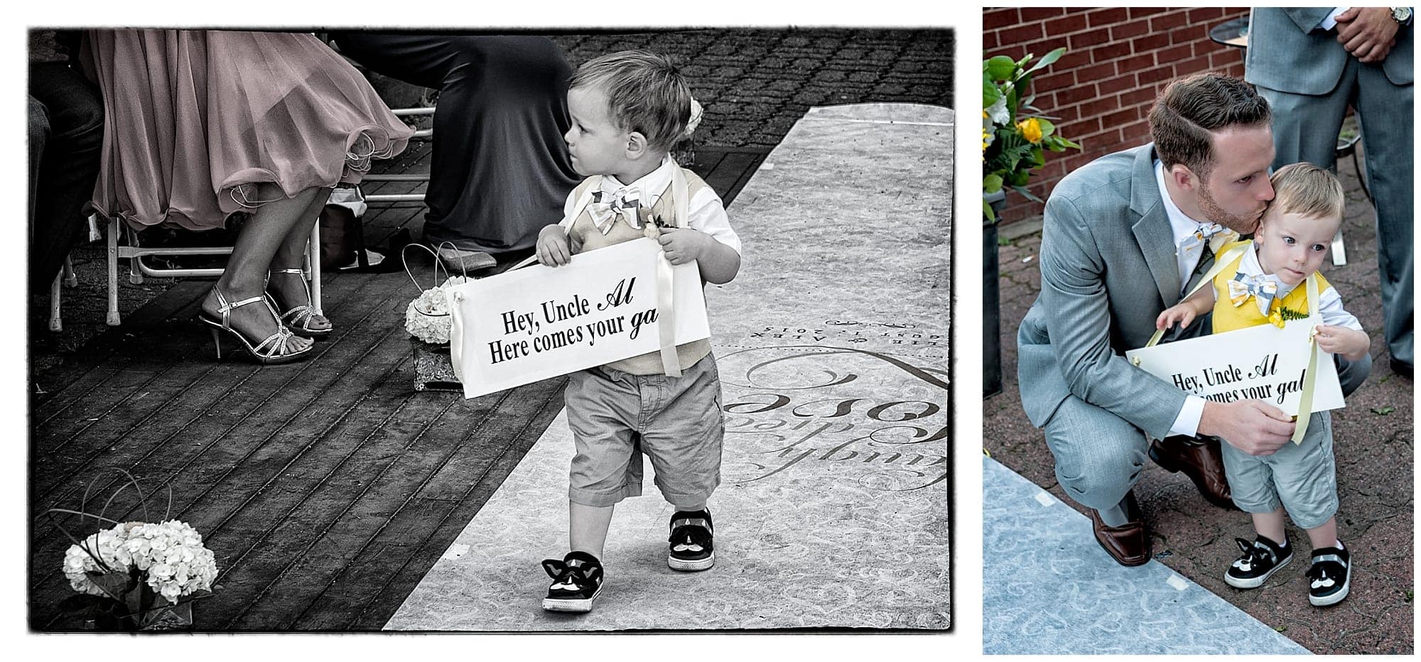 The ring bearer walks up the aisle carrying a wedding sign during a wedding at the Prince George Hotel in Halifax.