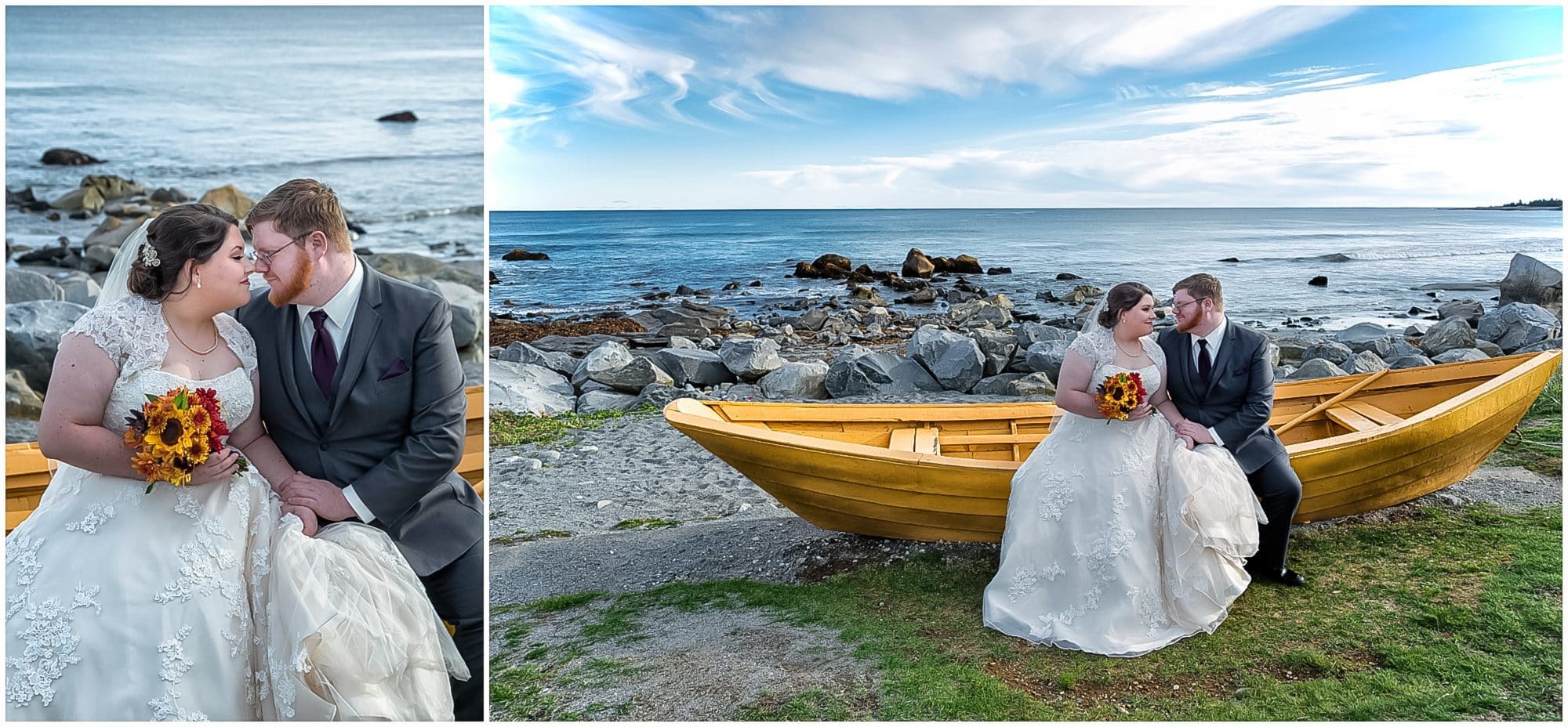 The bride and groom sit on a yellow boat posing for their wedding photos at White Point in NS.