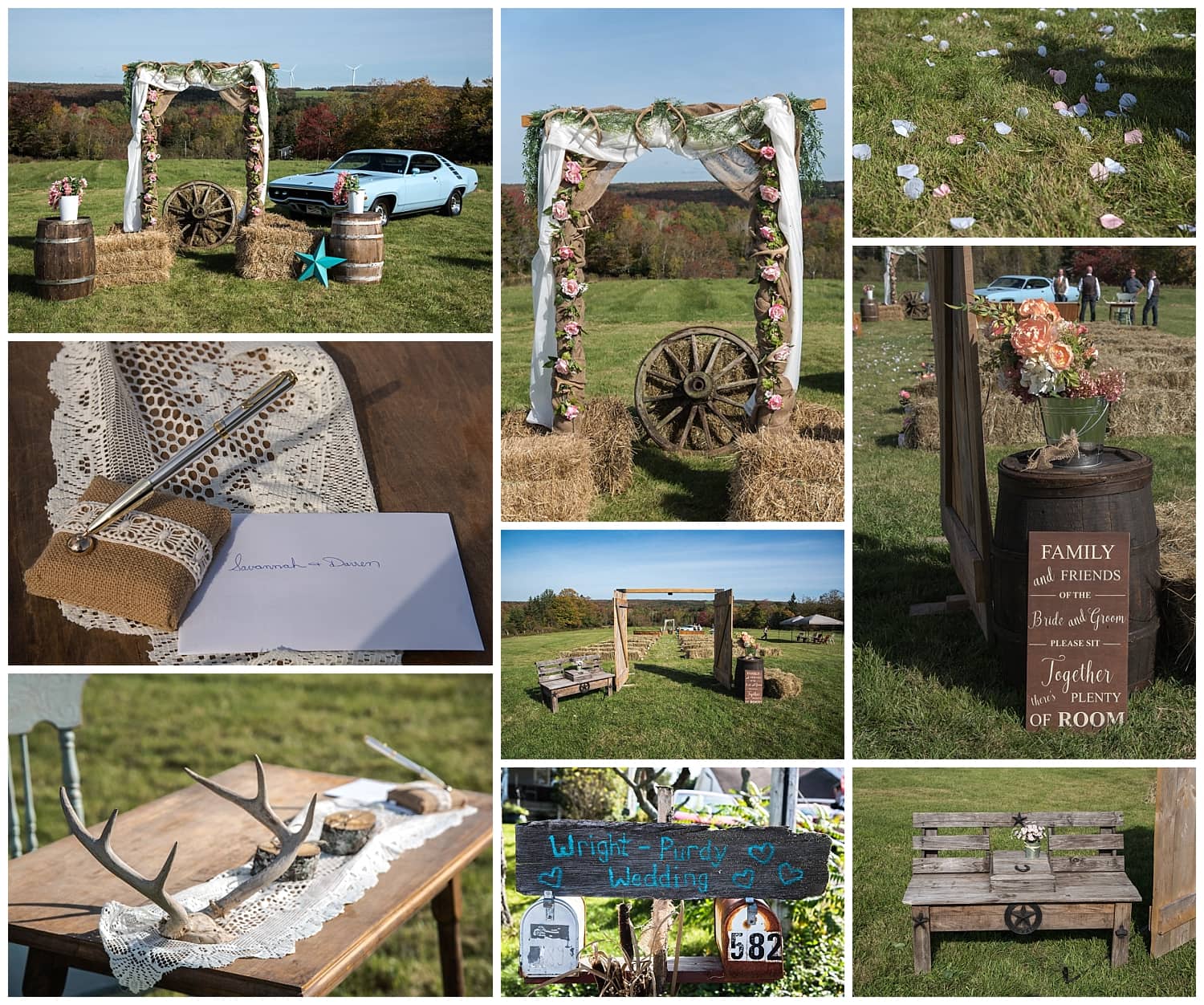 A backyard rustic wedding ceremony set up in Nova Scotia.