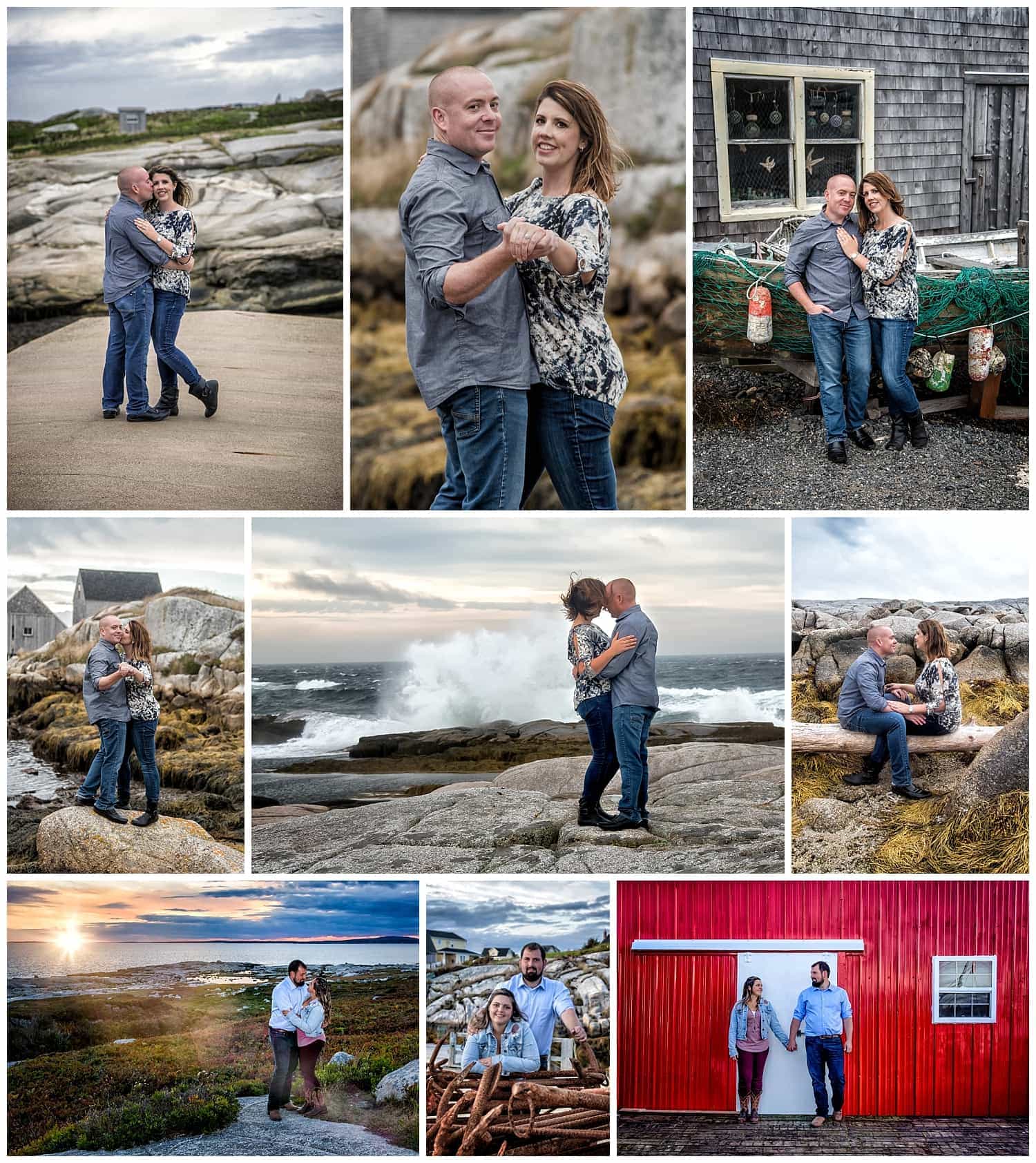 Engagement photos of very cute couples at Peggys Cove in Nova Scotia by a Halifax wedding photographer.
