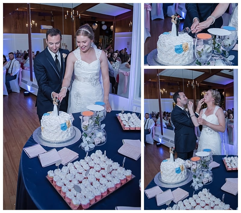 The bride and groom cut the wedding cake then feed each other during a Saraguay House wedding in Halifax.