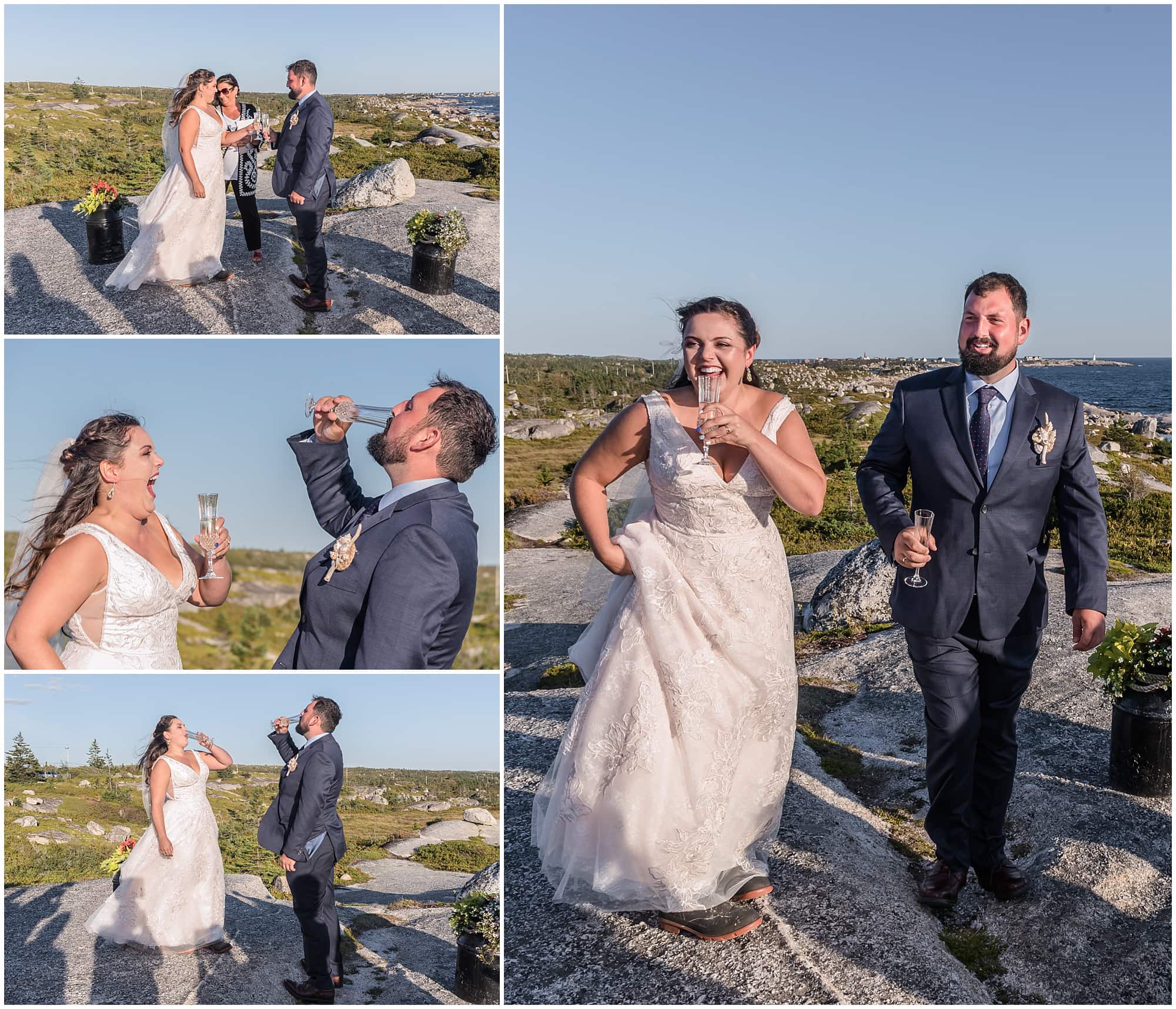The bride and groom drink wine as a show of unity during their wedding ceremony at Peggy's Cove in Nova Scotia.