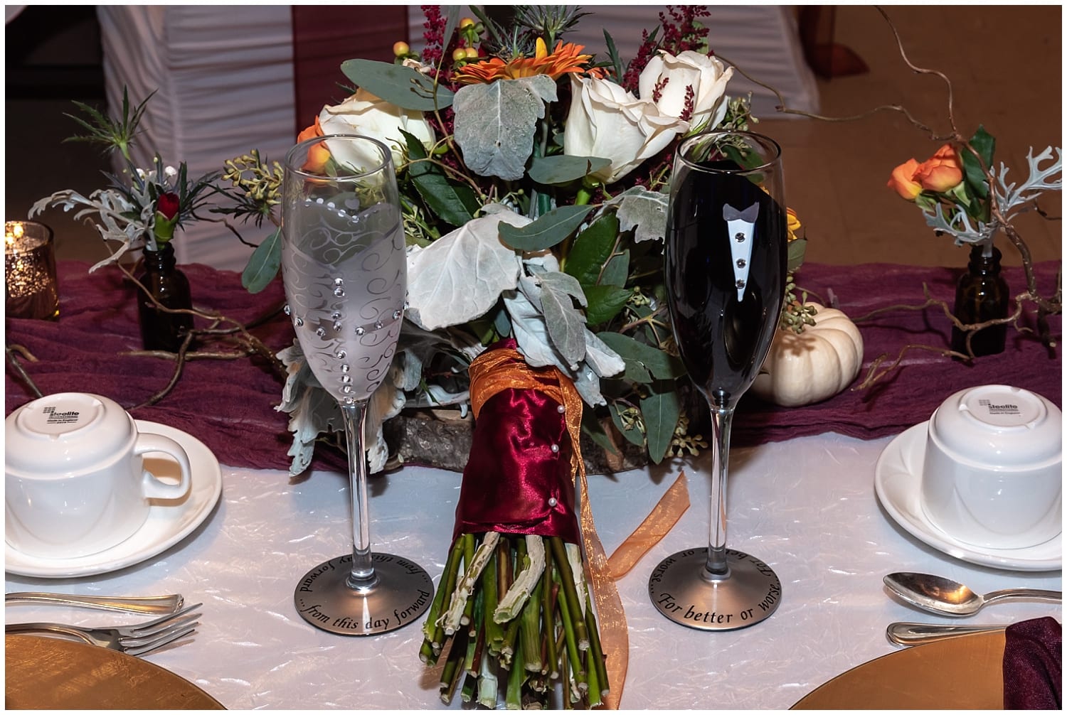 The bride and groom wine glasses at a Digby Pines Resort wedding reception.