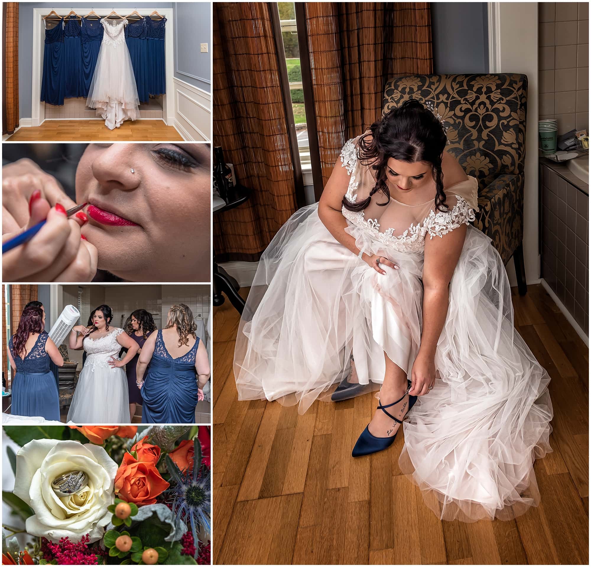 The bridal prep wedding photography coverage prior to the wedding ceremony of the bride getting ready at Digby Pines Resort in Nova Scotia.
