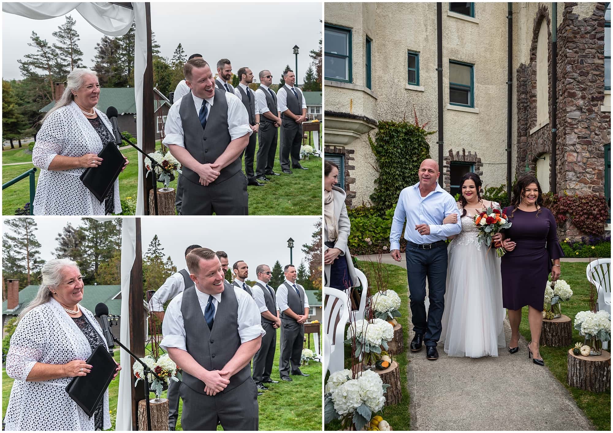 The groom has his first look of his bride walking up the aisle during their Digby Pines Resort wedding ceremony in Nova Scotia.
