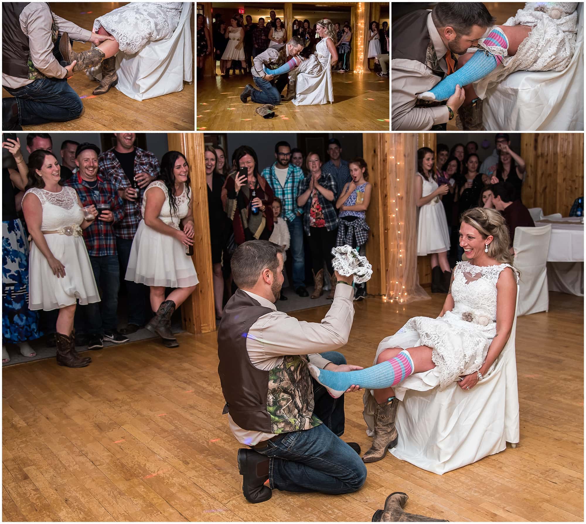 The groom takes of the bride's cowboy boots then grabs the garter off her leg during the garter toss.