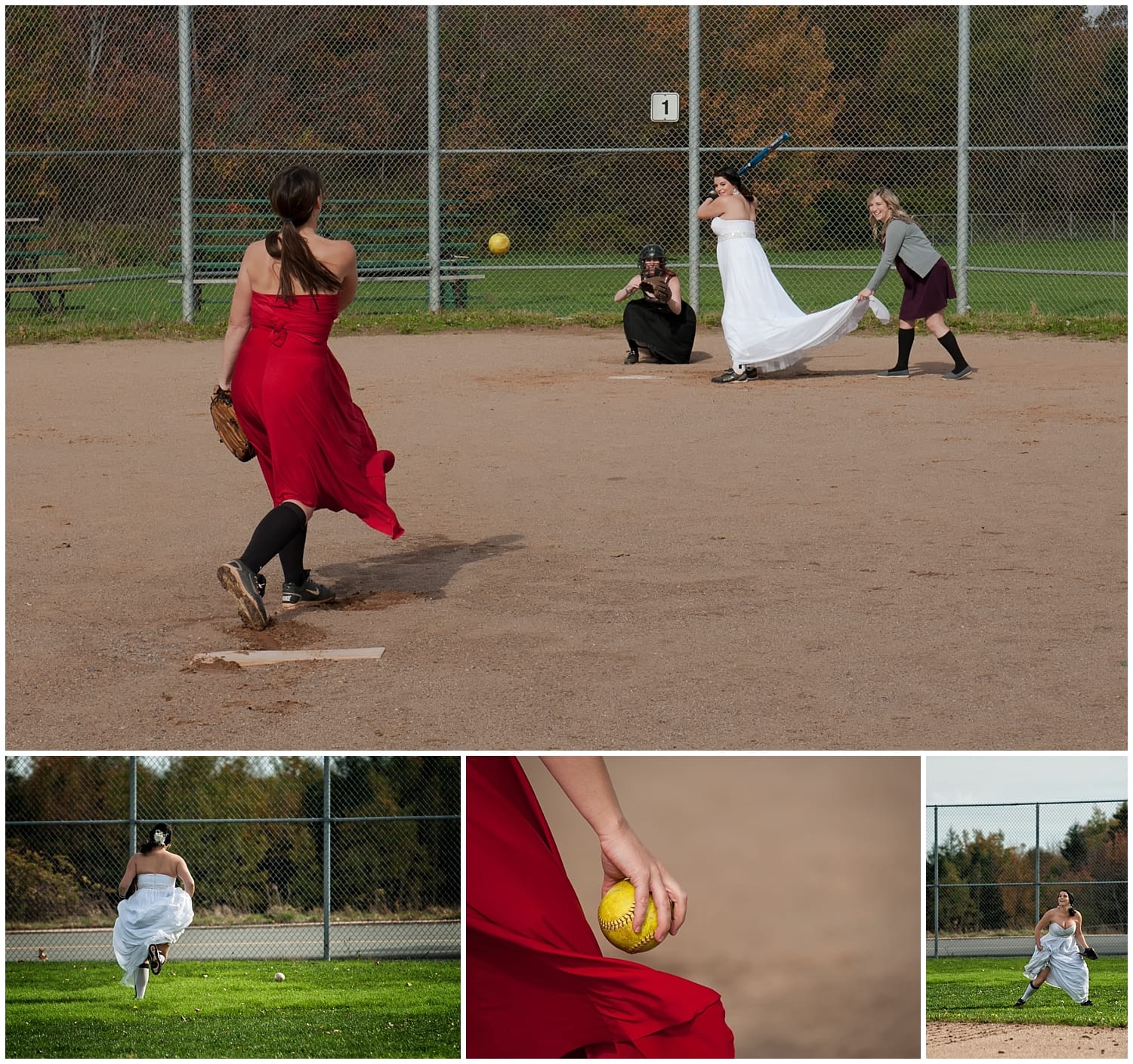 The bride and bridal party playing baseball during a trash the dress photoshoot in Dartmouth NS.