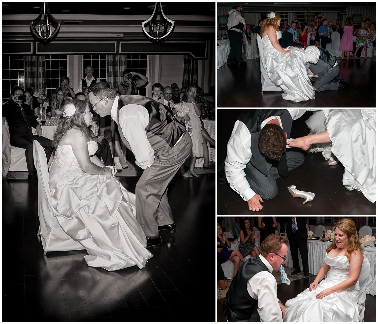 The garter toss by the groom with the bride at their wedding reception at Ashburn Golf Club in Halifax, NS.