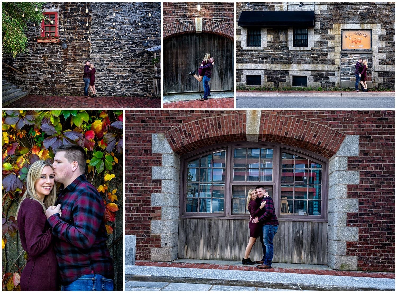 A cute couple poses for their engagement photos on the Halifax waterfront in Nova Scotia.