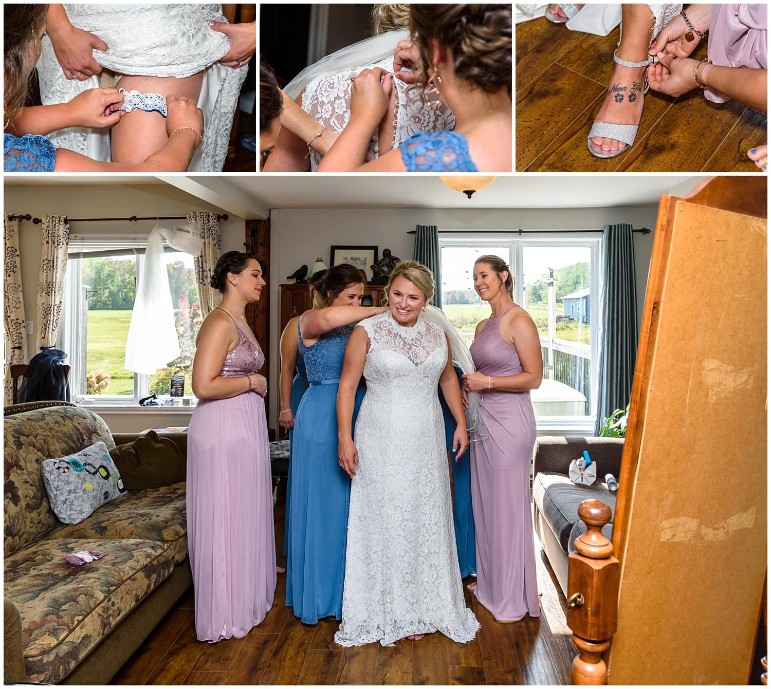 The bride with bridesmaids getting into her wedding dress during her bridal prep at the Barn at Sadie Belle Farm in Hantsport NS.