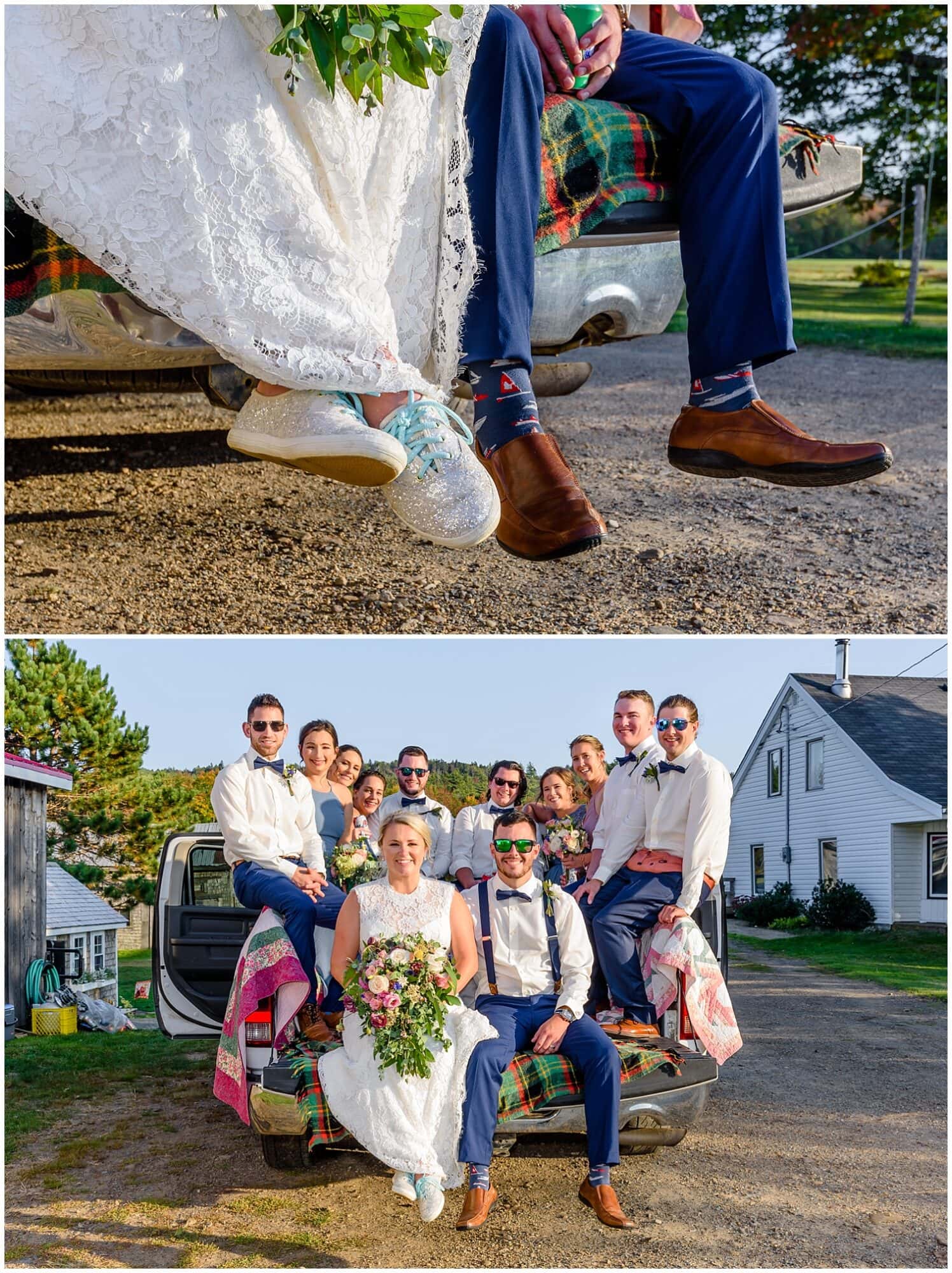 The wedding party with the bride and groom getting on a truck to go to a new location for more wedding photos at the Barn at Sadie Belle Farm.