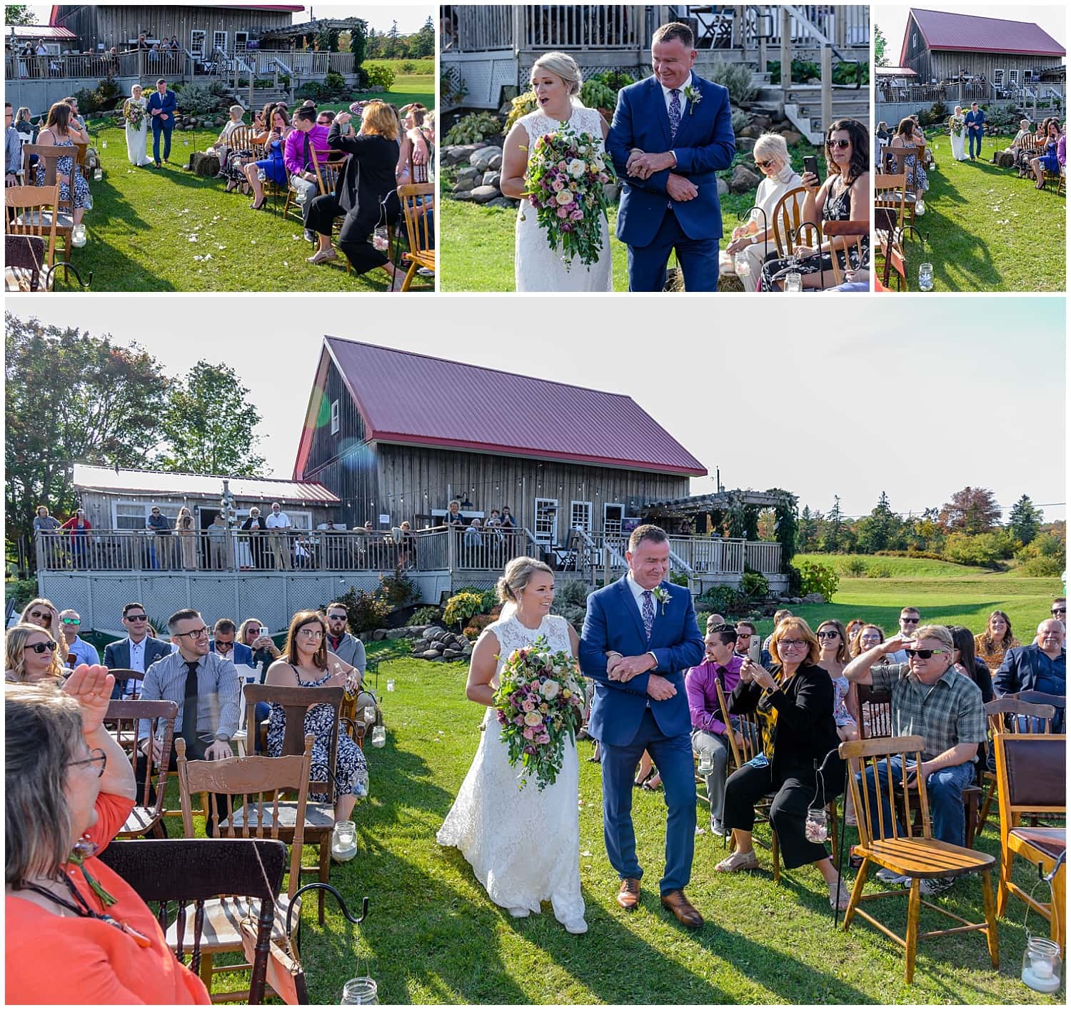 The bride walks down the aisle with her father at her rustic barn wedding at the Barn at the Sadie Belle Farm in NS.