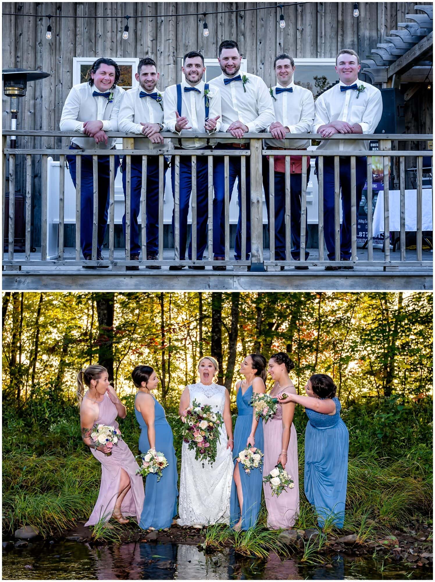 The bride poses with bridesmaids while the groom poses with his groomsmen at the Barn at Sadie Belle Farm in NS.