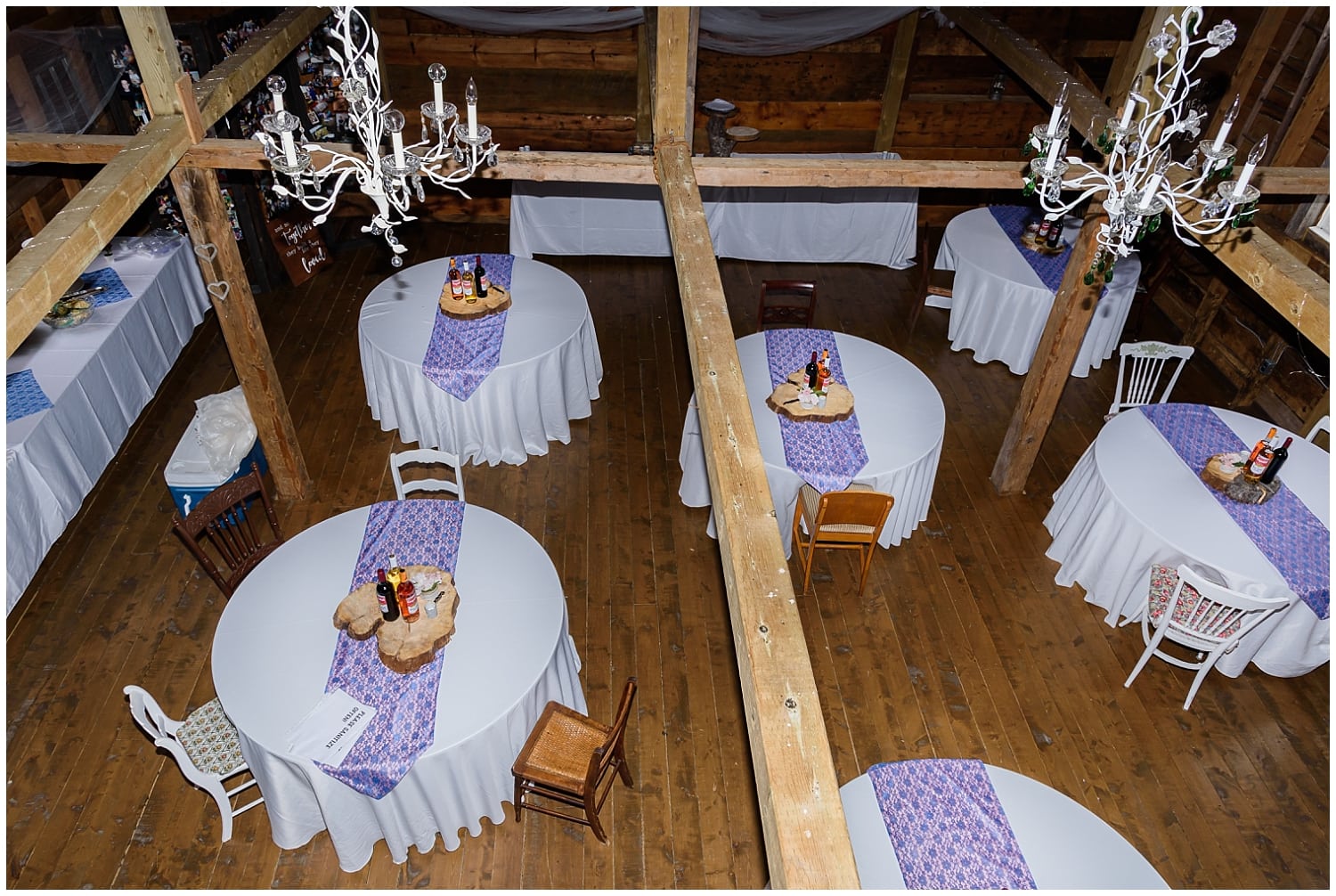 A rustic wedding reception set up for a wedding at the Barn at Sadie Belle Farm in Hantsport NS.