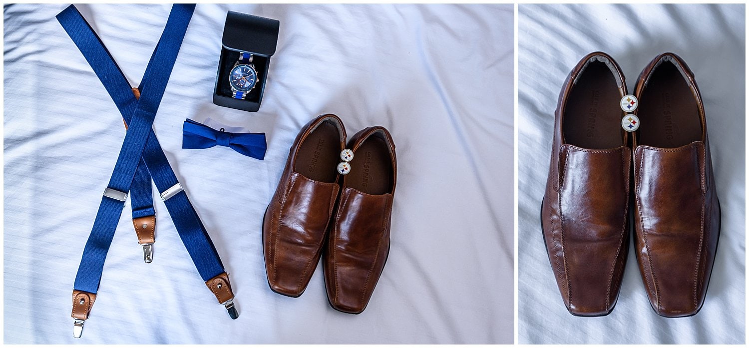 The groom's shoes, bow tie, suspenders and cufflinks for his wedding day prep.