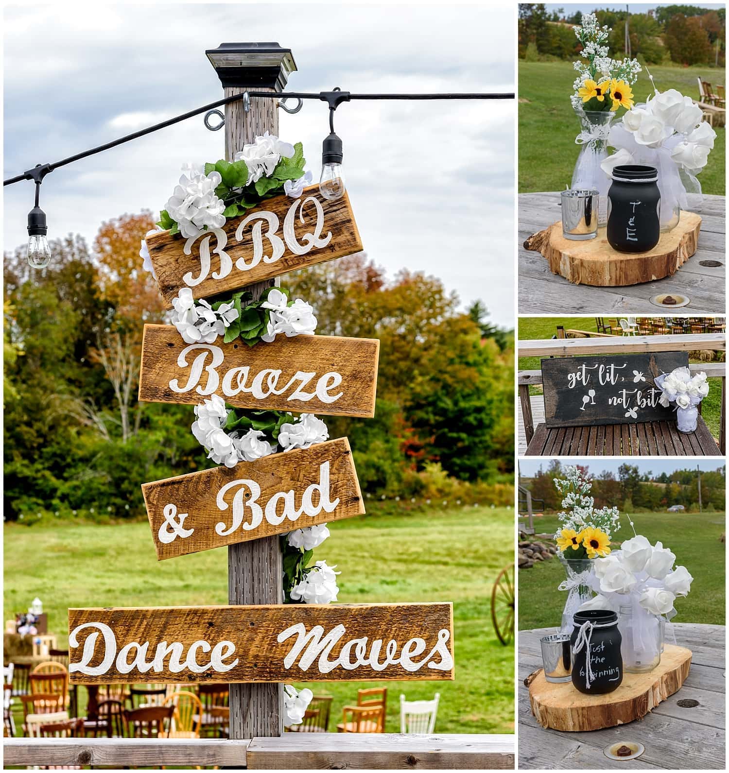 The wedding reception set up for a wedding day at the Barn at Sadie Belle Farm in Hantsport NS with wooden wedding signs.