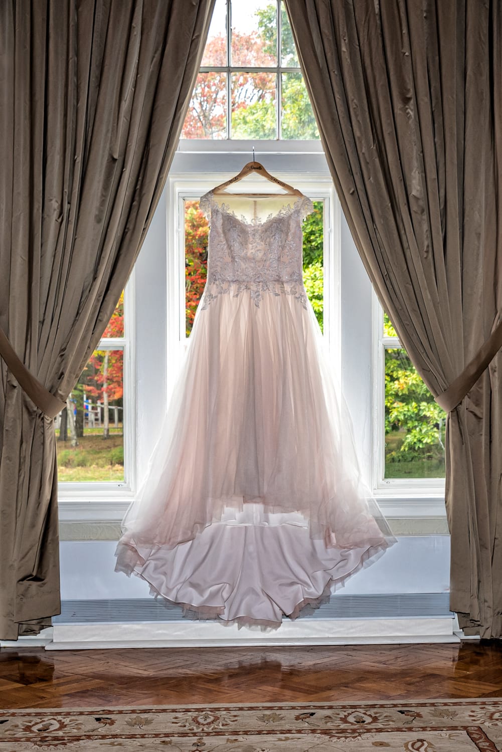 A beautiful chiffon layered ballroom wedding dress for a wedding at Digby Pines in Nova Scotia.