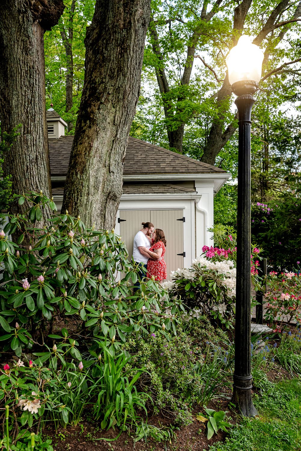 A bride and groom to be pose for their engagement photos at the Public Gardens in Halifax NS.