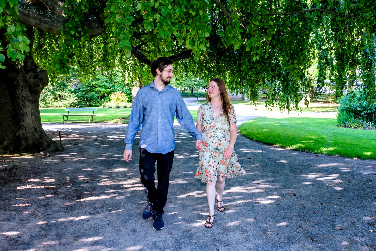 A couple in love and newly engaged walk hand in hand during their engagement photos at the Public Gardens in Halifax, NS.