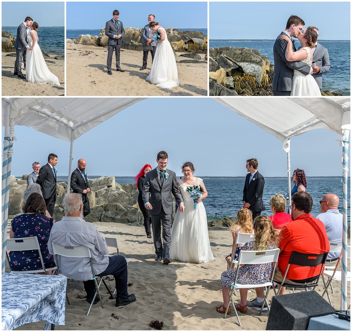 An intimate beach wedding ceremony and the first kiss of the bride and groom in Green Bay, NS.