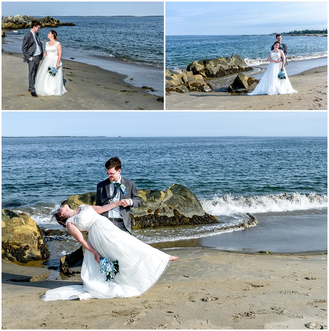 The bride and groom pose for wedding photos on a beach in Green Bay NS.
