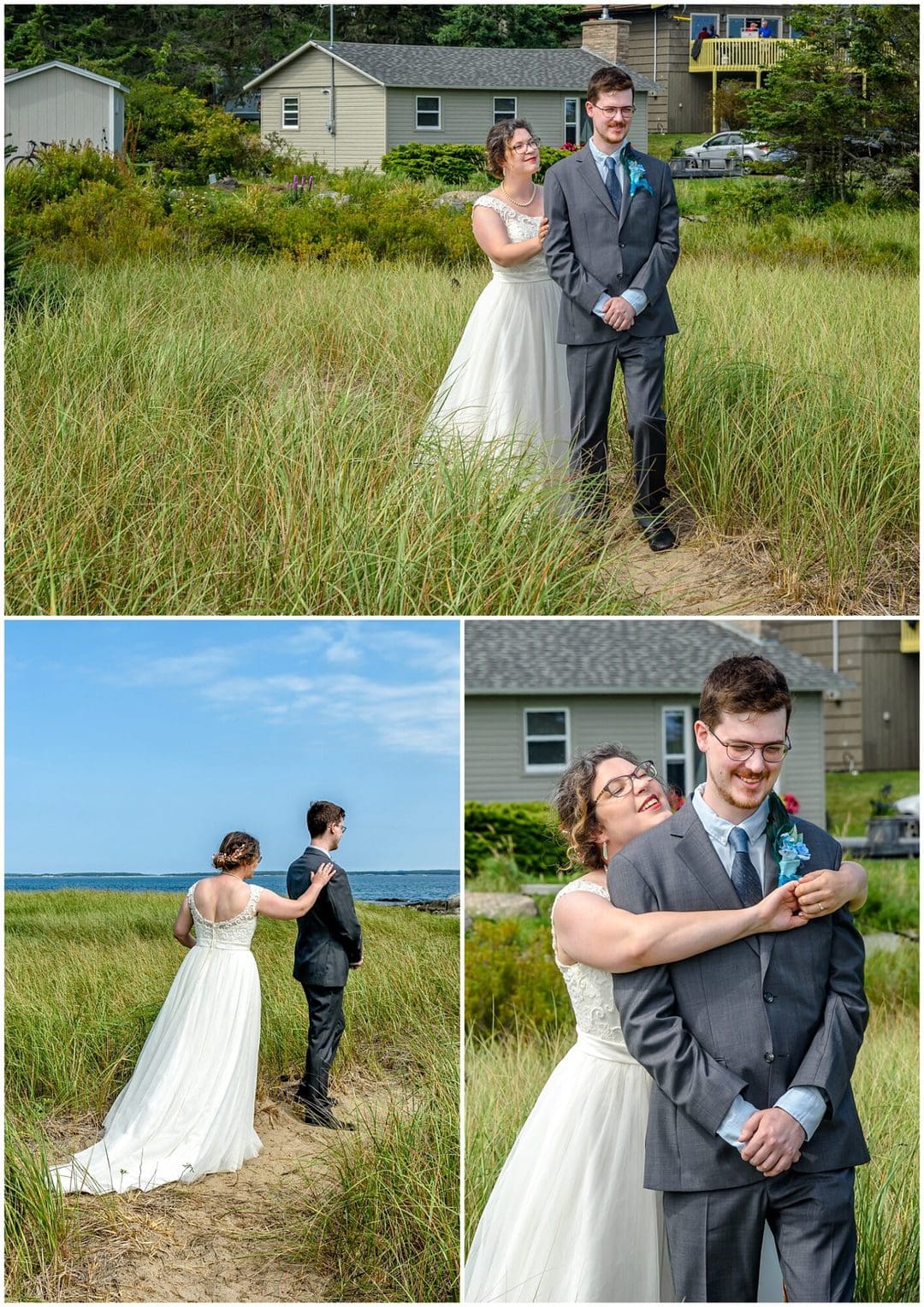 A bride sneaks up on her groom for a first look within the dunes of a beach in Green Bay NS.