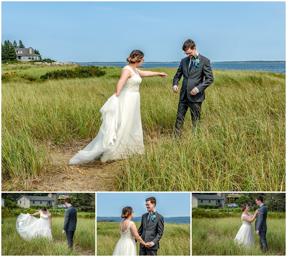 A bride sneaks up on her groom for a first look within the dunes of a beach in Green Bay NS.