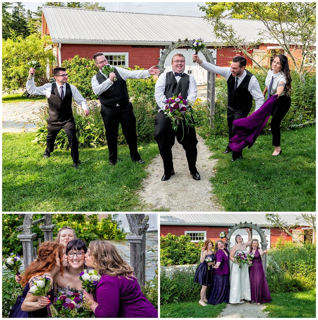 The groomsmen and bridesmaids have a blast posing for wedding photos with the bride and groom during their wedding at the Hubbards Barn in Nova Scotia.