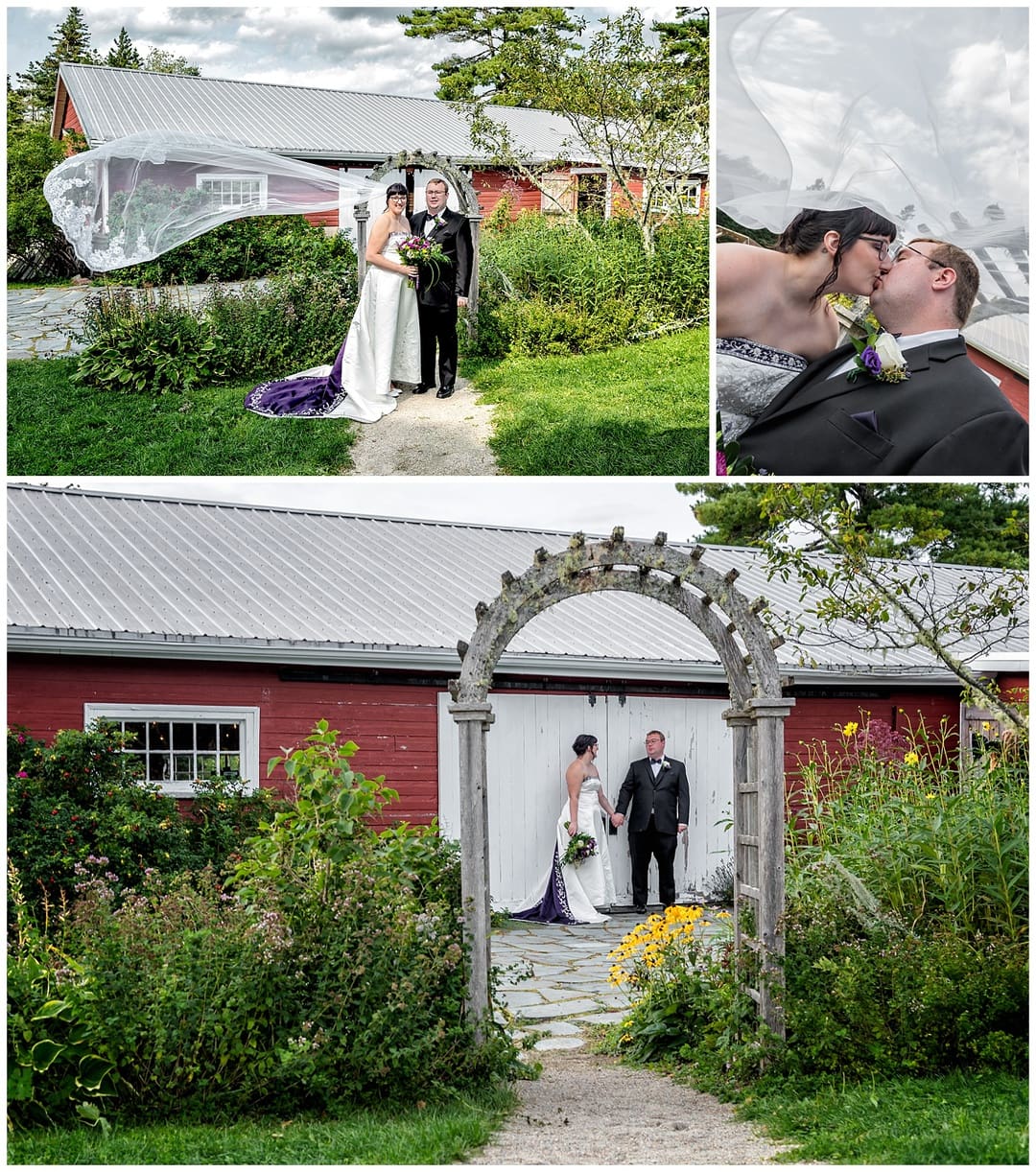 The bride and groom pose for wedding photos during their rustic wedding at the Hubbard's Barn in Nova Scotia.